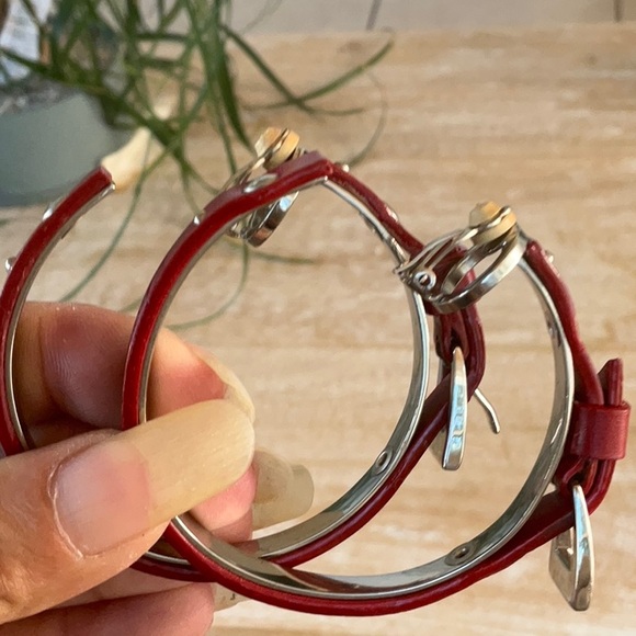 AUTH VTG Christian Dior Red Leather Logo Silver Belt Buckle Large Hoop Earrings - Picture 8 of 14
